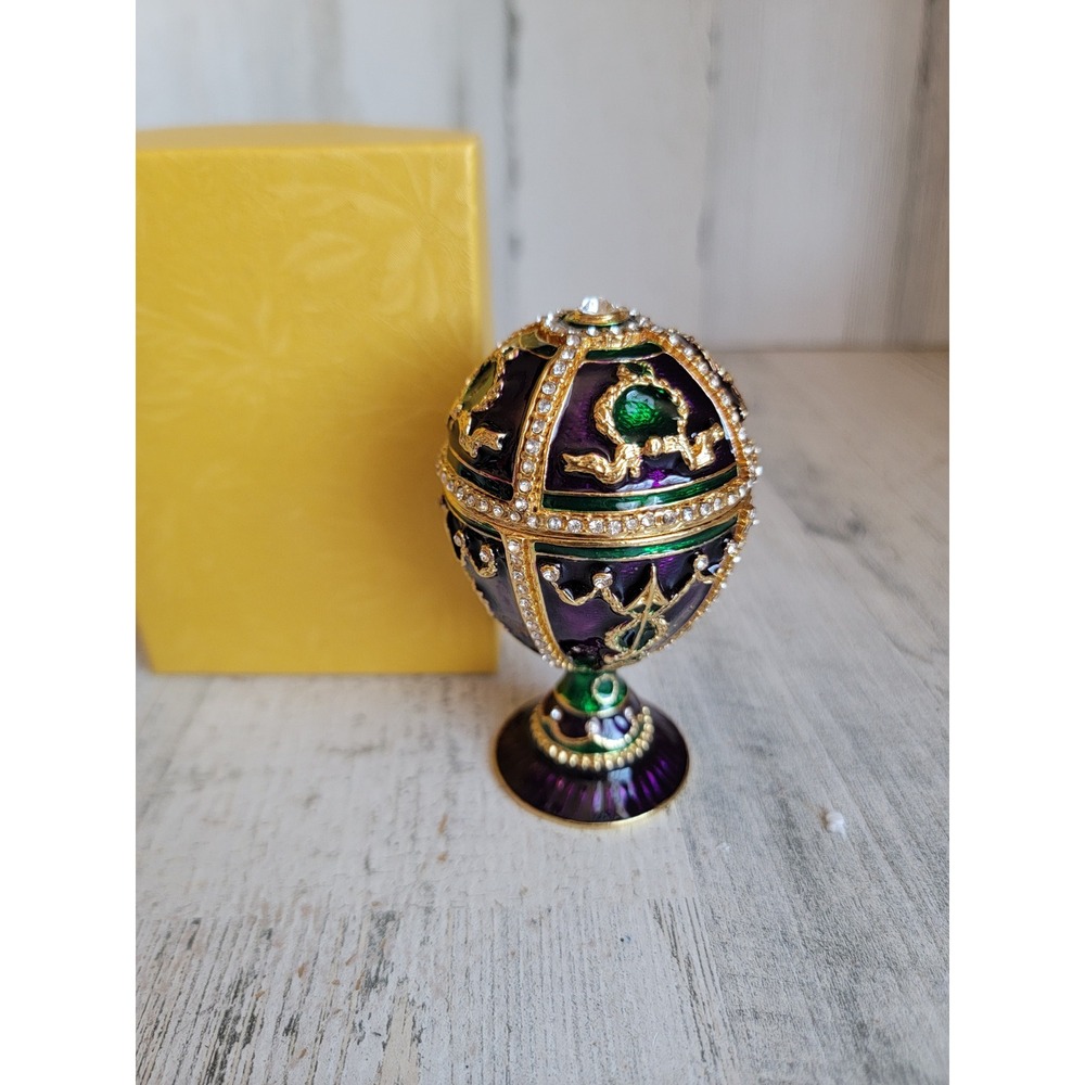Unique purple green egg trinket box enameled hinge Easter home decor‎ figure